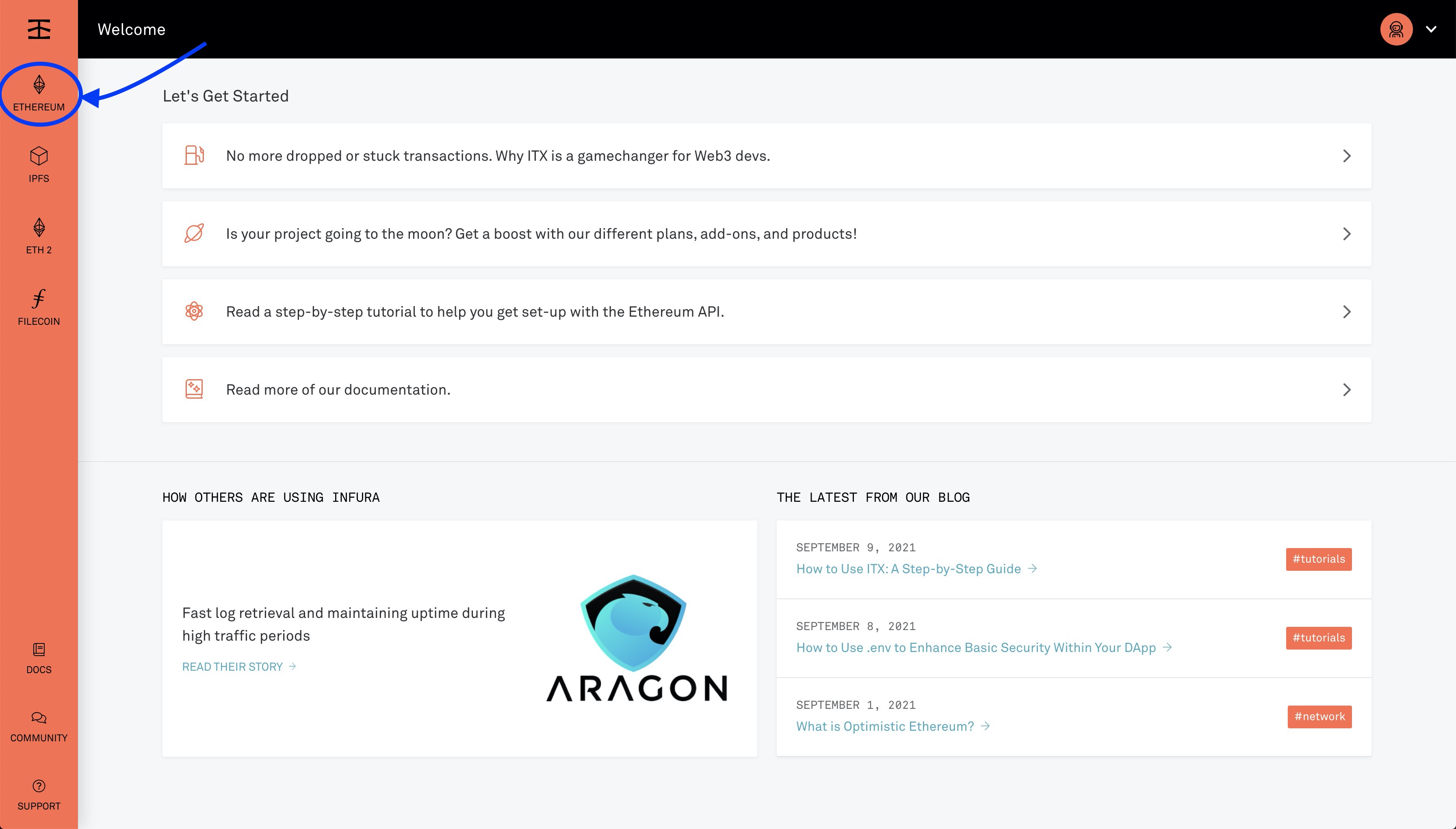Welcome page on Infura